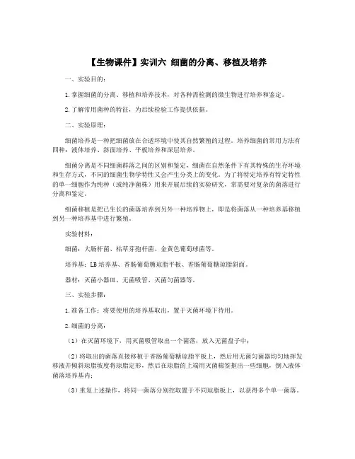 【生物课件】实训六 细菌的分离、移植及培养