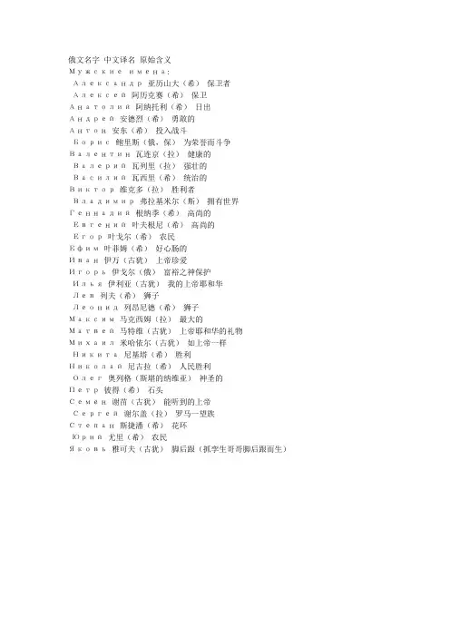 俄文名字 中文译名 原始含义