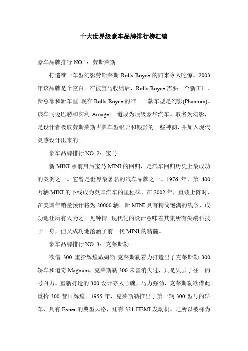 十大世界级豪车品牌排行榜汇编