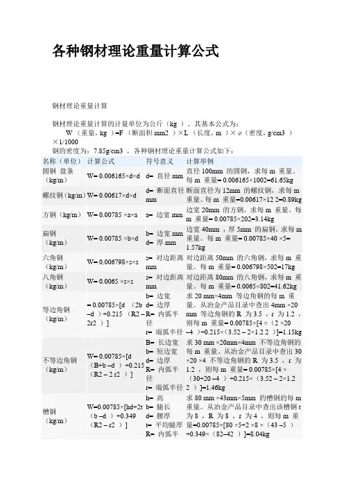 各种钢材理论重量计算公式
