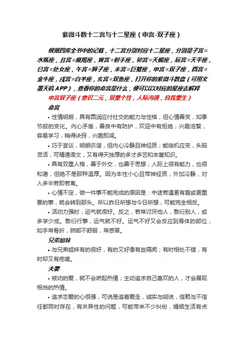 紫微斗数十二宫与十二星座（申宫-双子座）