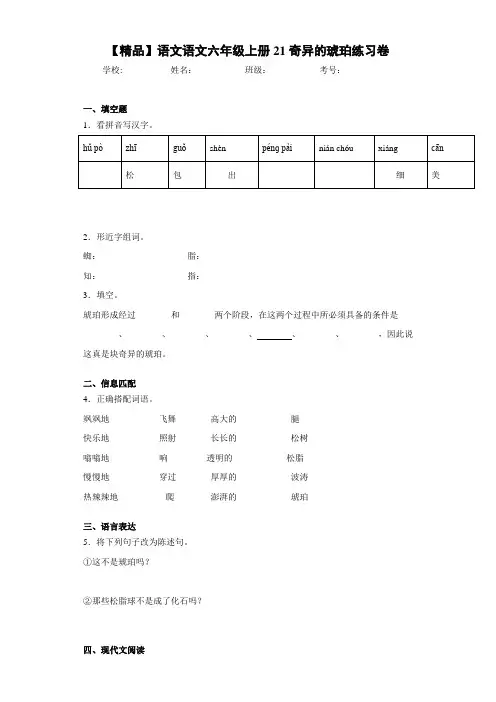 小学语文语文六年级上册21奇异的琥珀练习卷(含答案解析)