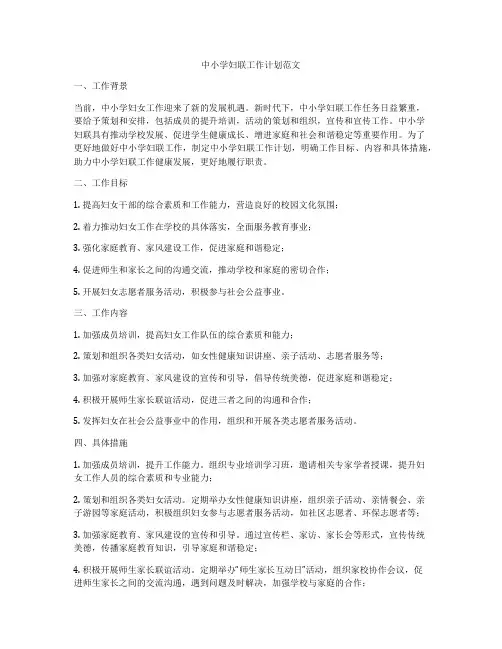 中小学妇联工作计划范文