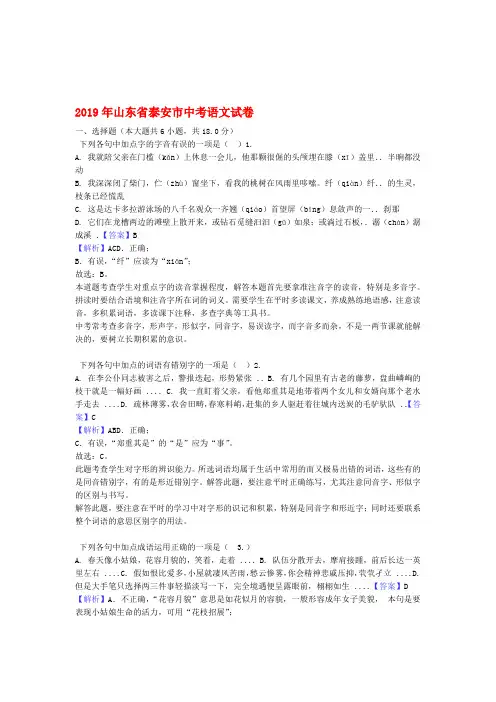 山东省泰安市2019年中考语文真题试题含解析