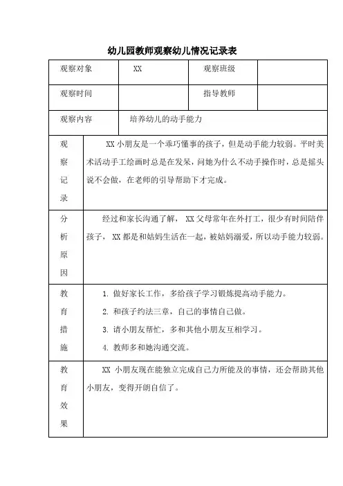 幼儿园教师观察幼儿情况记录表