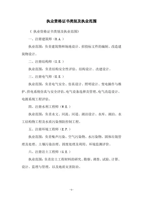 执业资格证书类别及执业范围