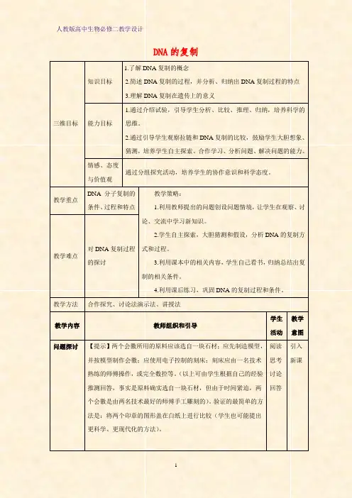 高中生物必修二教学设计11：3.3DNA的复制教案