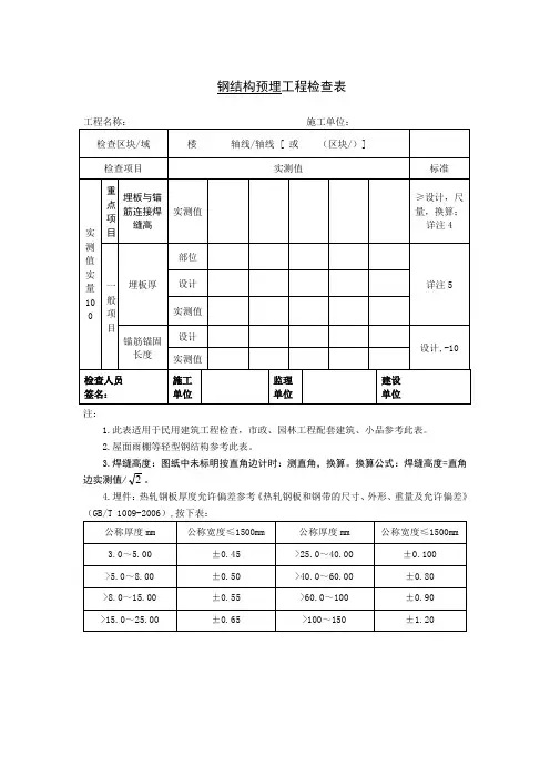 钢结构预埋工程检查表