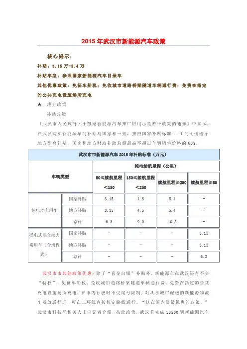 2015年武汉市新能源汽车政策