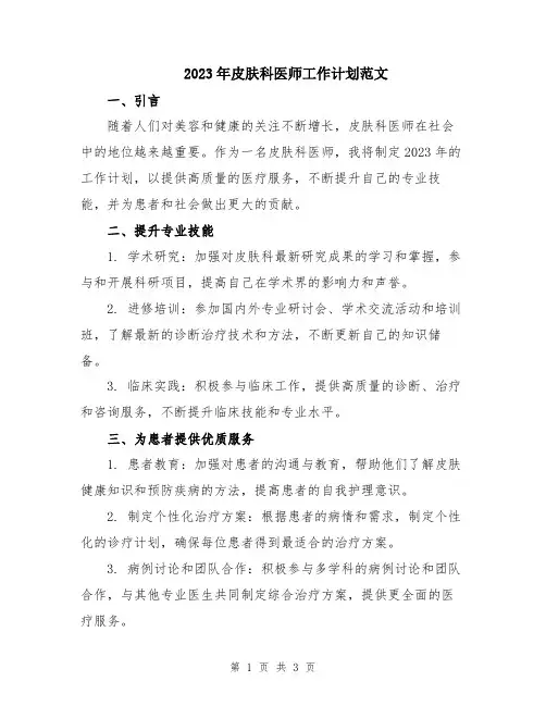 2023年皮肤科医师工作计划范文