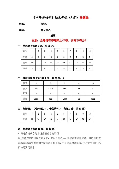 福建师范大学奥鹏在线作业答案《市场营销学》期末考试(A卷)
