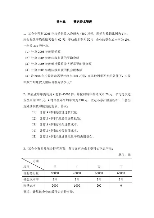 财务管理  第六章     营运资本管理