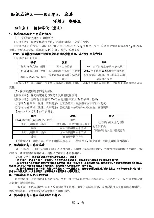 人教版化学 九年级下册 9.2溶解度 知识点讲义(无答案)
