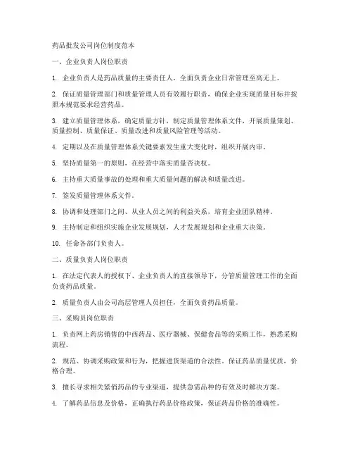 药品批发公司岗位制度范本