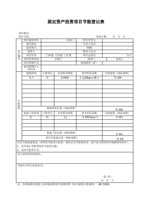 固定资产投资项目节能登记表格式