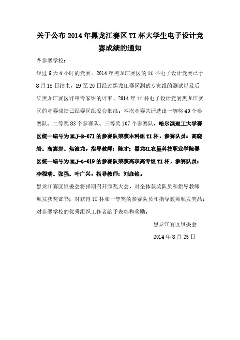 黑龙江赛区TI杯大学生电子设计竞赛成绩【VIP专享】