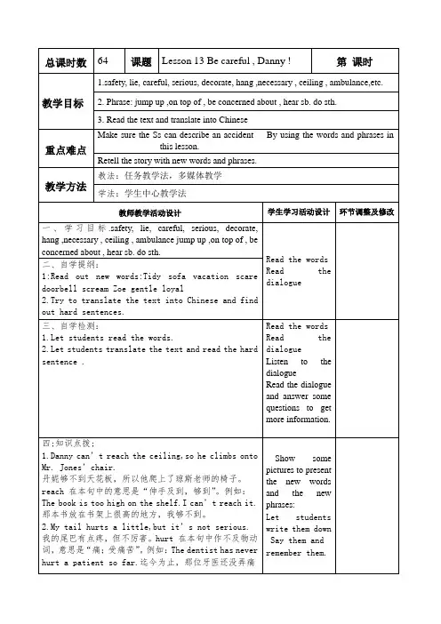 冀教版英语九年级全一册 Unit 3：Lesson 13 Be Careful,Danny!. 教案