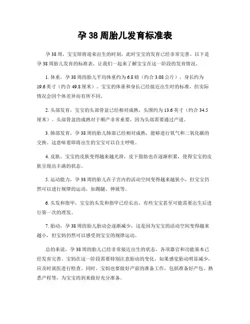 孕38周胎儿发育标准表