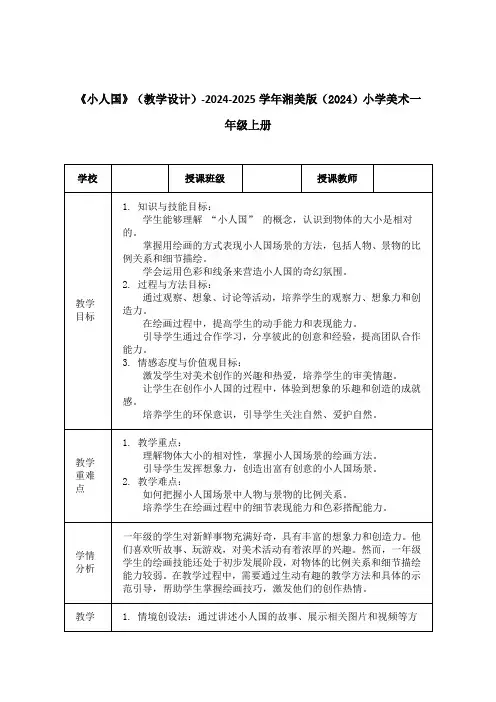《小人国》(教学设计)-2024-2025学年湘美版(2024)小学美术一年级上册