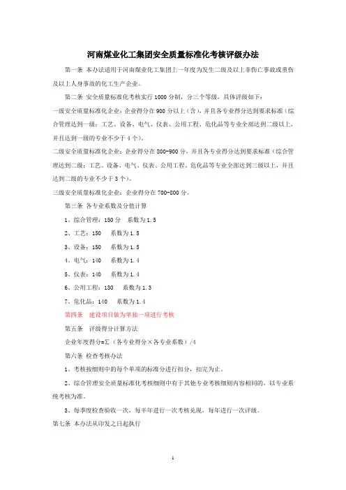 集团化工企业安全质量标准化标准及考核评级办法