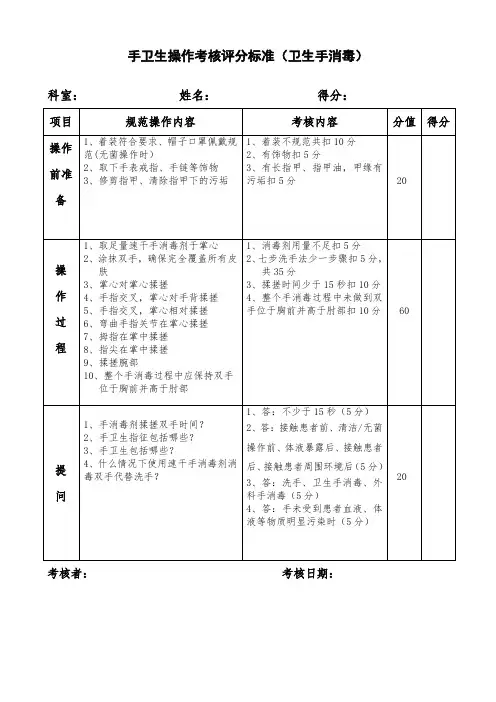 卫生手消毒操作考核标准