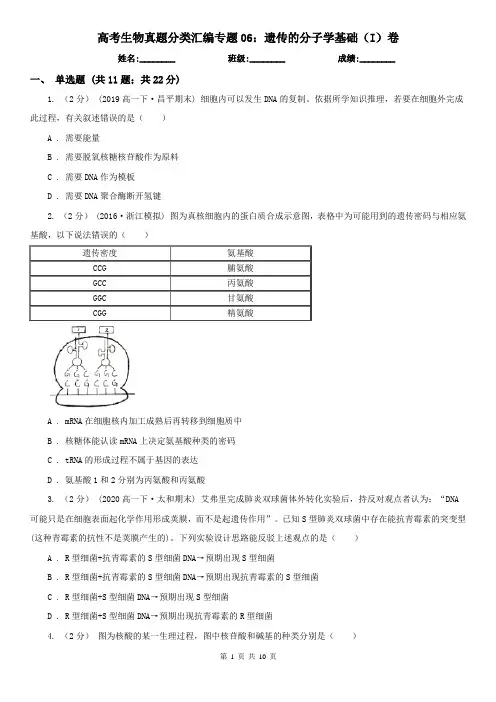 高考生物真题分类汇编专题06：遗传的分子学基础(I)卷