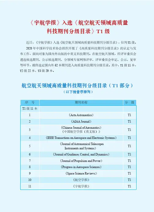 《宇航学报》入选《航空航天领域高质量科技期刊分级目录》T1级