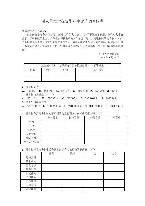 毕业生调查问卷(用人单位填写)