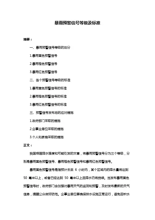 暴雨预警信号等级及标准