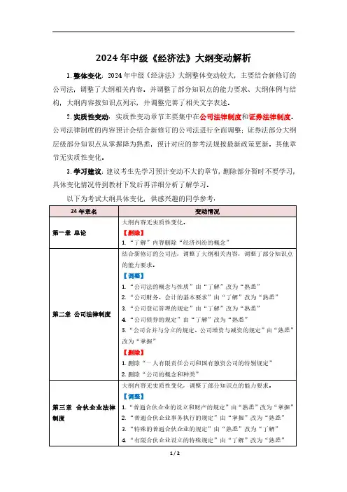 2024年中级《经济法》大纲变动解析