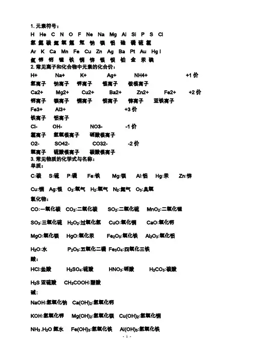 初中化学必背化学式大全