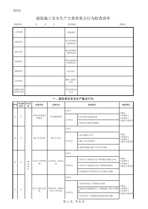 建筑施工安全生产大督查重点行为检查清单