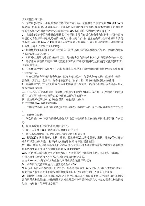 高中生物八大细胞器的比较