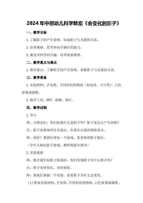 2024年中班幼儿科学教案《会变化的影子》