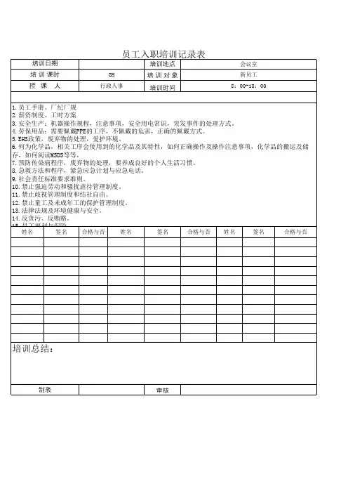 员工入职培训记录签到表