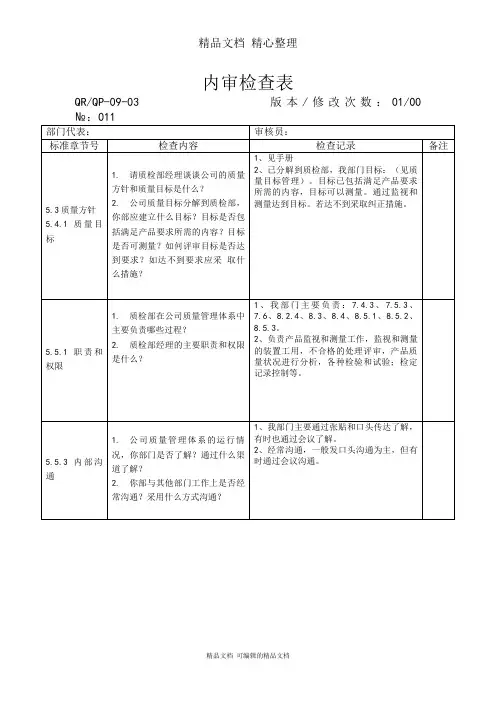 公司质检部内审检查表