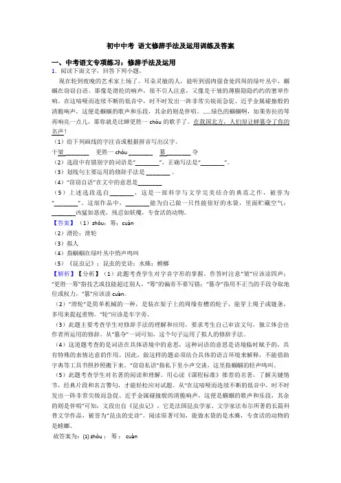 初中中考 语文修辞手法及运用训练及答案
