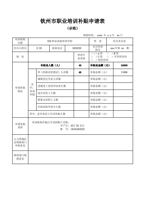 钦州市职业培训补贴申请表