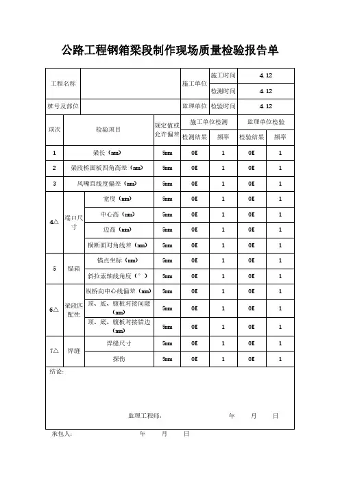 公路工程钢箱梁段制作现场质量检验报告单范本