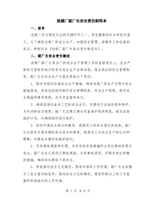 洗煤厂副厂长安全责任制范本（2篇）