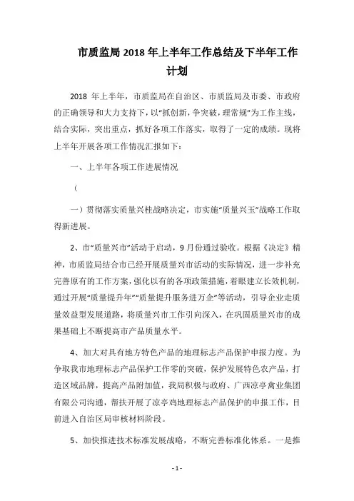 市质监局2018年上半年工作总结及下半年工作计划