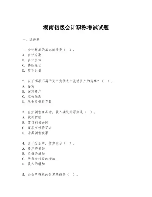 湖南初级会计职称考试试题