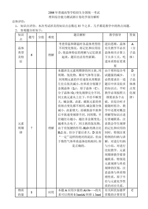 2006年全国普通高等学校招生统一考试浙江卷化学部分