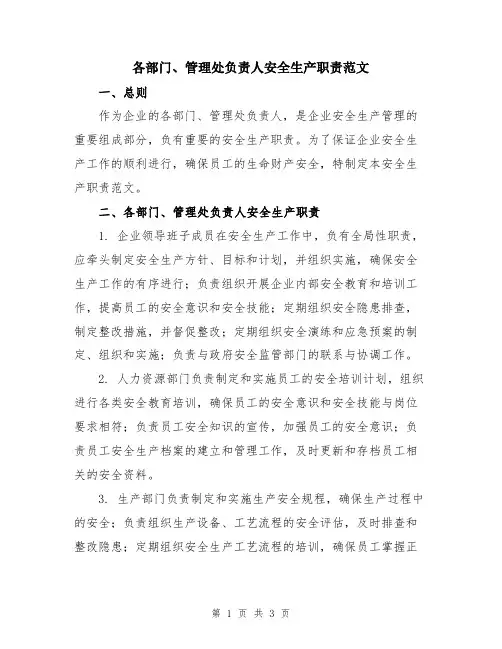 各部门、管理处负责人安全生产职责范文