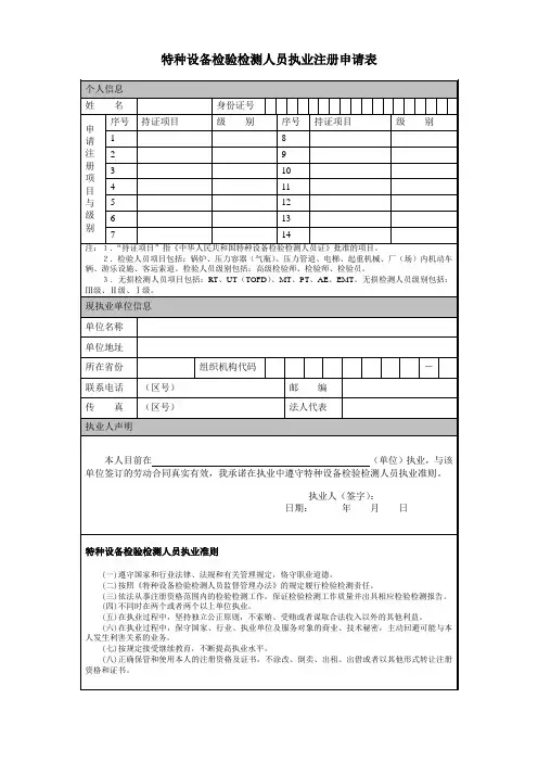 特种设备检验检测人员执业注册申请表