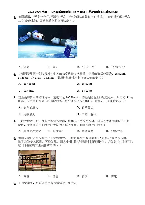 2023-2024学年山东省济南市槐荫中区八年级上学期期中考试物理试题