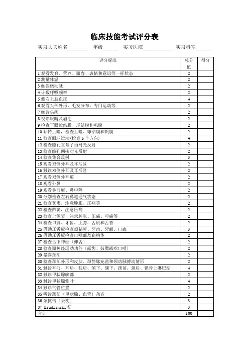 临床技能考试评分表