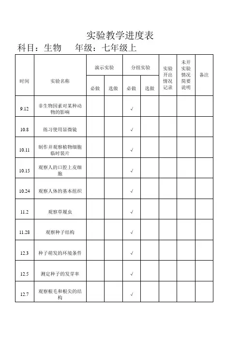 生物实验教学进度表七年级上