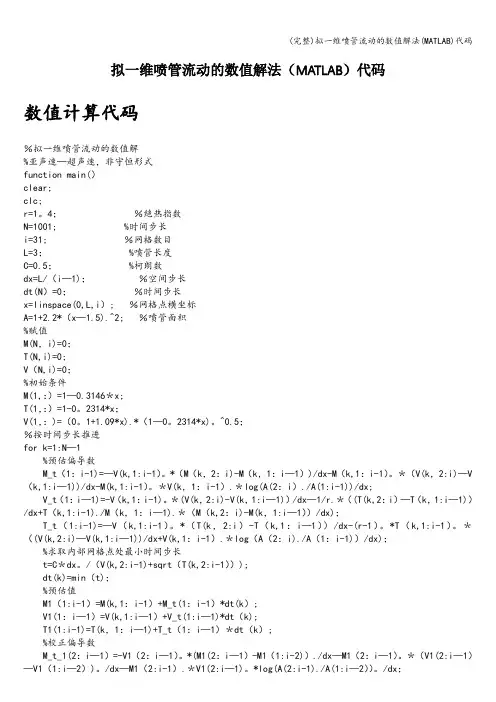 (完整)拟一维喷管流动的数值解法(MATLAB)代码