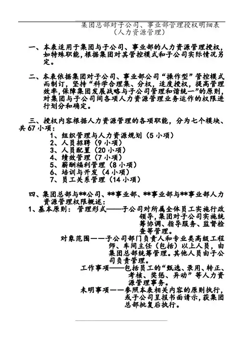 集团与子公司人事授权(草案)